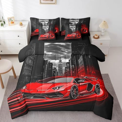 Feelyou Red Race Car Comforter Set with Sheets Twin Size Kids Speed Sports Car 7 Pieces Bedding Set for Boys Girls Teens Racing Car Bed in a Bag Extreme Sports Street Bed Set Gothic Modern City