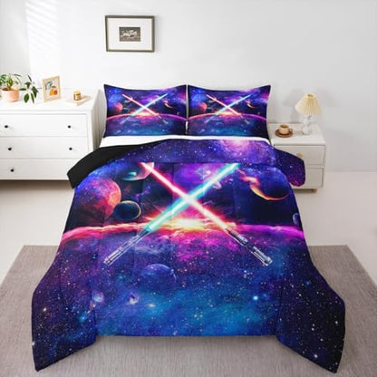 Castle Fairy Light Up Sword Comforter Set King Size Galaxy Universe Planet Bedding Set 3pcs for Kids Boys Girls Room Decor,Watercolor Star Sky Quilt Set Fantasy Duvet Insert with 2 Pillowcases,Purple