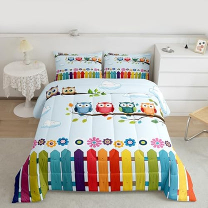 Manfei Owls Comforter Set King Size, Cartoon Birds Print Quilt Set with 2 Pillowcases, Colorful Flower Bedding Set 3pcs for Kids Boys Girls Bedroom Decor, Rainbow Plank Print Duvet Set