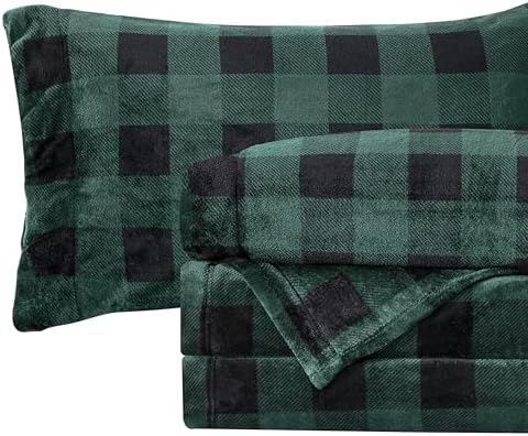 Elegant Comfort Luxuriously Soft 4-Piece Velvet Plush Flannel Sheet Set - Premium Quality -Cozy Warm, Anti-Static, Non Pilling Fuzzy Velvet Flannel Fleece Deep Pocket Sheet Set- King, Buffalo Green