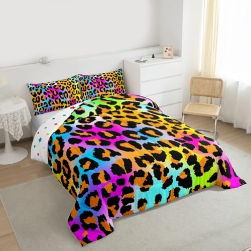 Leopard Print Comforter Set for Girls Kids Women Neon Rainbow Leopard Fur Bedding Set Mottled Exotic Panthera Skin Comforter Room Decor Colorful Camouflage Safari Theme Duvet Set Full Size Quilt Set