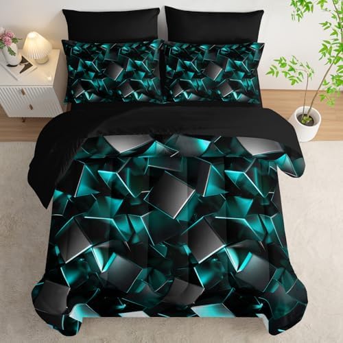 Nttopship Turquoise Black Geometric Comforter Set Twin Size 7PCS,Abstract Triangular Printed Bedding Set for Adults,Geometric Mordern Art Decor All Seasons with Pillowcases,Flat, Fitted Sheet