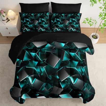 Nttopship Turquoise Black Geometric Comforter Set Twin Size 7PCS,Abstract Triangular Printed Bedding Set for Adults,Geometric Mordern Art Decor All Seasons with Pillowcases,Flat, Fitted Sheet