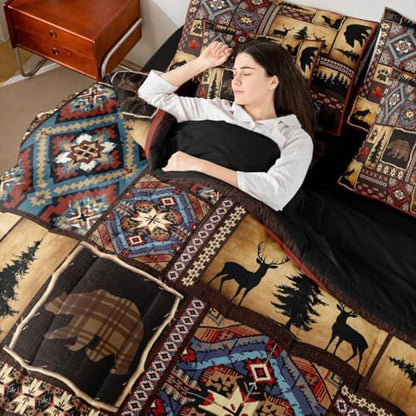 Erosebridal 7 Piece Rustic Cabin Plaid Comforter Set King,Rustic Farmhouse Aztec Bedding Sets for Kids Teens Men,Retro Hunting Wild Animals Bed in a Bag with Sheets,Country Woodland Pine Tree Bed Set