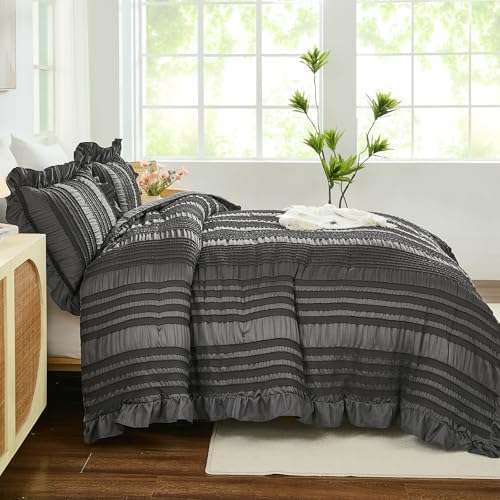 WONGS BEDDING King Size Comforter,Dark Grey Boho Comforter Set King, Shabby Chic Bedding Set for Bed, 3 Pieces Soft Lightweight Farmhouse Comforter for All Season 104"×90"