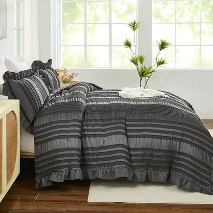 WONGS BEDDING King Size Comforter,Dark Grey Boho Comforter Set King, Shabby Chic Bedding Set for Bed, 3 Pieces Soft Lightweight Farmhouse Comforter for All Season 104"×90"