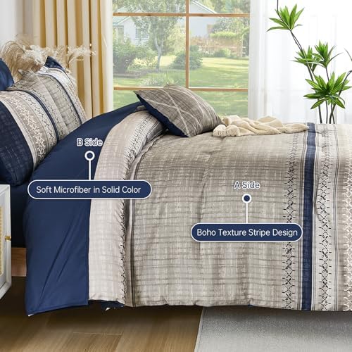 Dintszyayue Blue Queen Comforter Size Set, 8 Pieces Boho Grey Striped Texture Bed in a Bag Sets, Lightweight Soft Bohemian Comforter and Sheet Set, All Season Microfiber Bedding Sets for Men Women