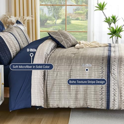 Dintszyayue Blue Queen Comforter Size Set, 8 Pieces Boho Grey Striped Texture Bed in a Bag Sets, Lightweight Soft Bohemian Comforter and Sheet Set, All Season Microfiber Bedding Sets for Men Women