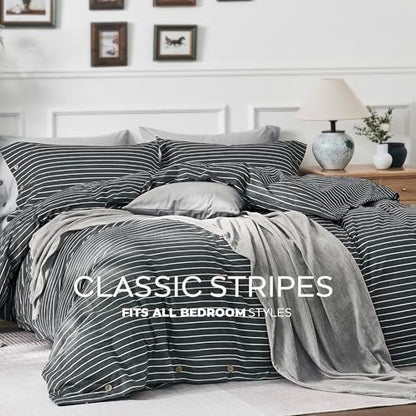 JELLYMONI Cotton Duvet Cover Full Size - Gray Pinstriped Comforter Cover with Button 100% Washed Cotton 3PCS Breathable Soft Solid Bedding Set Duvet Cover 80×90in & 2 Pillowcases (NO Comforter)