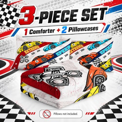 AILONEN Racing Car Comforter Set Full Size, Plaid Bedding Set for Kids Boys,Cool Speed Race Car Bed in a Bag 3 Pcs,1 Quilt and 2 Pillowcases,Soft Microfiber