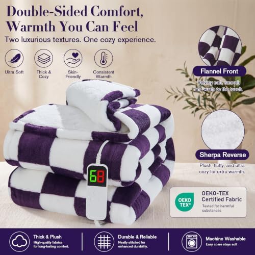 Deep Purple Heated Blanket Electric Throw 50"X60", Heating Blanket Throw