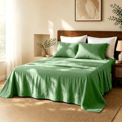 MEISHANG 100% French Linen Sheets Queen,4 Pcs,18-24" Extra Deep Pocket