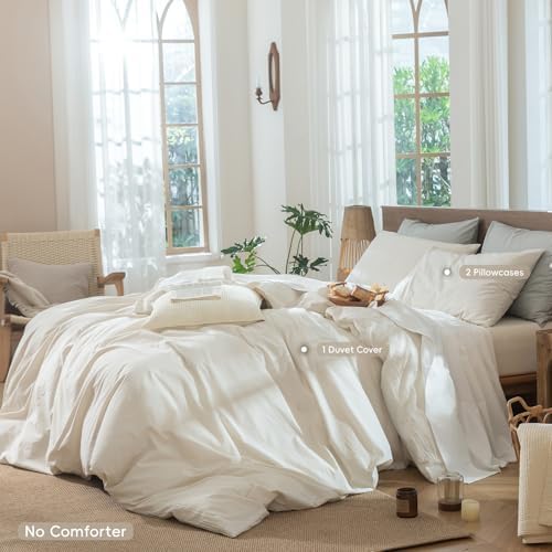 MooMee Striped Duvet Cover Set 100% Washed Cotton Linen Like Alaska King
