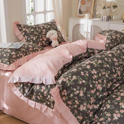 mixinni Vintage Floral Duvet Cover Set Full Size – 100% Cotton Ruffle Lace Bedding, Pink Rose Flower and Green Leaf Print, Reversible Stripes Pattern, Grandmillennial Cottagecore Aesthetic 3Pcs