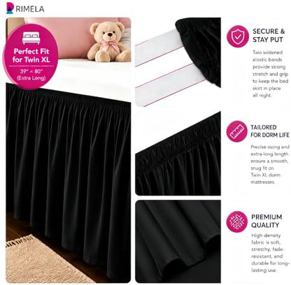Dorm Room Bed Skirt Twin XL 46" Drop, College Split Corner Bedskirt, Black