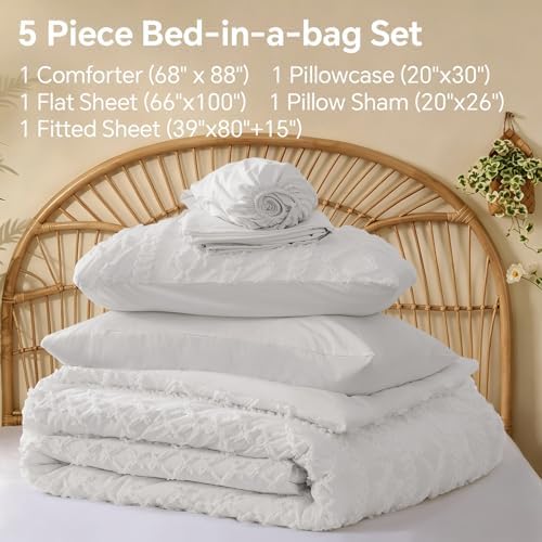 BEDELITE Twin XL Comforter Set 5 Pieces,Boho Bed in a Bag,White