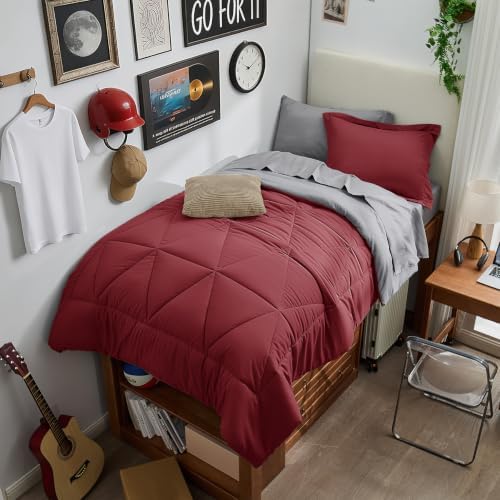 BEDELITE Twin XL Comforter Set 5 Pieces, Reversible Dark Red Bed in A Bag
