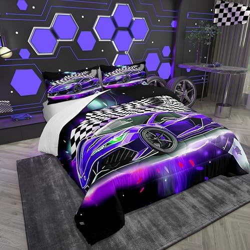Feelyou Purple Race Car Comforter Set Bedding Twin Size for Kids Teens