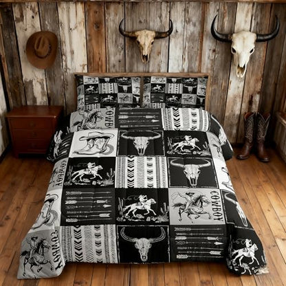 Manfei Western Cowboy Comforter Set Queen Size, Bull Skull Horse Arrow Print Bedding Set 3pcs for Kids Boys Teens Bedroom Decor, Geometric Grid Black Plaid Print Quilt Set with 2 Pillowcases