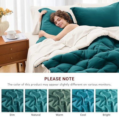 MUXHOMO 7 Pieces Full Comforter Set, Reversible Bed in a Bag Full Size, All Season Bedding Set with Comforter, Flat Sheet, Fitted Sheet, Pillowcases & Shams, Peacock Blue & Ivory
