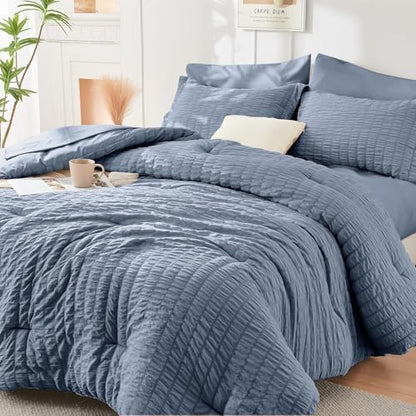 HYMOKEGE Nordic Blue Queen Comforter Set Seersucker 7 Pieces, All Season Luxury Bed in a Bag Queen for Bedroom, Bedding Set with Comforter, Sheets, Pillowcases & Shams