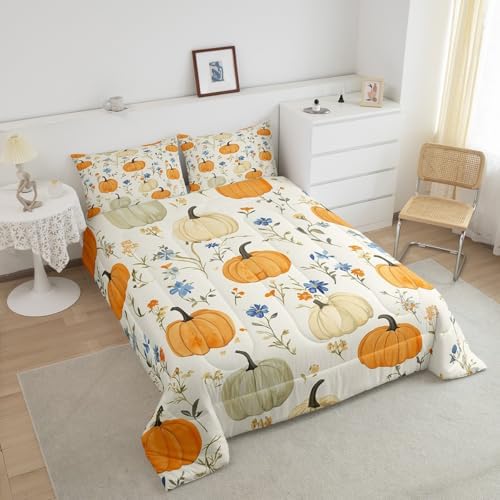 Homewish Pumpkin Pattern Comforter Set,Botanical Flowers Bedding Set for Kids Girls Boys,Teens Adults Autumn Farmhouse Comforter,Yellow Beige Quilted Duvet Set Bedroom Collection Twin Size 2Pcs