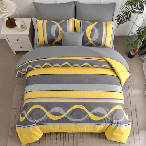 Anibedding Yellow and Grey Comforter Set King Size,8 Pieces Bed in a Bag Patchwork Striped Bedding Sets,Boho Soft Microfiber Bedding Set for All Season(104"×90")