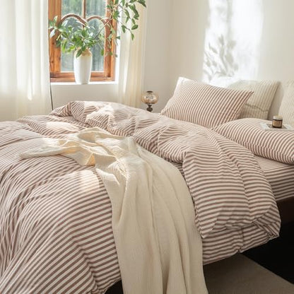 FOSSA Striped Duvet Cover Set 100% Washed Cotton Linen Feel Twin