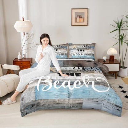 Castle Fairy Rustic Farmhouse Bedding Set Full Size Beach Life Comforter 3pcs Adults Room Decor Blue Grey Stripes Quilted Duvet Ocean Starfish Cabin Wood Insert,2 Pillowcases(CYJS9693ZMD-BZ_USf)