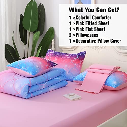 JQinHome Full Size Mermaid Comforter Set, 6 Piece Bed in A Bag 3D Colorful Bedding Set for Girls Kids (1 Comforter,2 Pillowcases,1 Flat Sheet,1 Fitted Sheet,1 Cushion Cover)(Pink Mermaid Scale)