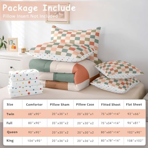 Feelyou Multicolored Checkered Retro 7 Piece Bedding Set Kids Boys Geometric Vintage Comforter Set with Sheets King Size Ivory White Colorful Bed in a Bag Modern Simple Groovy Aesthetic Room Decor