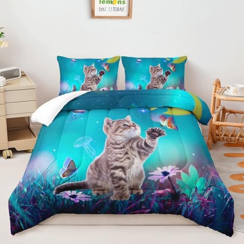 AILONEN Cat Bedding Set Queen Size with Girl Sitting on The Moon and Jellyfish Comforter Set for Kids Boys Girls,Dreamy Starry Soft Breathable Duvet Set 3 Pieces, 1 Quilt and 2 Pillowcases