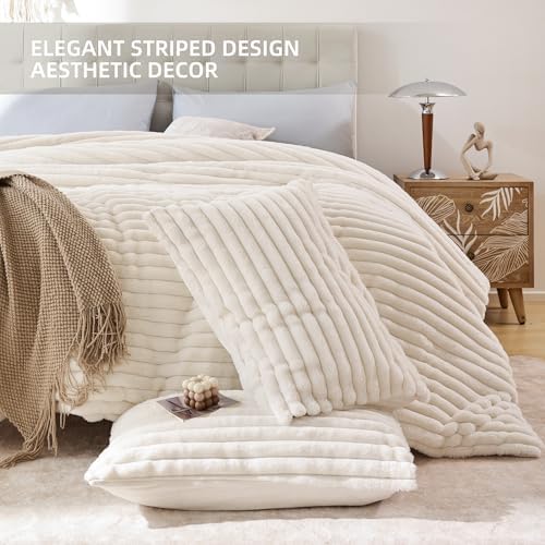 Smoofy Fluffy Twin Size Comforter 2 PCS - Cream White Fleece Bedding Set