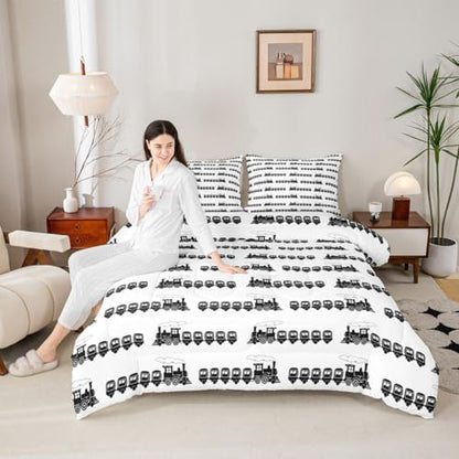Feelyou Train Comforter Set King Size Retro Steam Locomotive Down Bedding Set for Kids Boys Girls Vintage Transportation Vehicles Duvet Quilt Bedroom Decor Microfiber 3 Pcs with 2 Pillow Cases