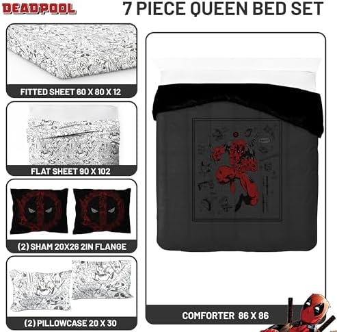 Marvel Deadpool Queen Comforter Set 7 Piece Bedding for Boys, Gray
