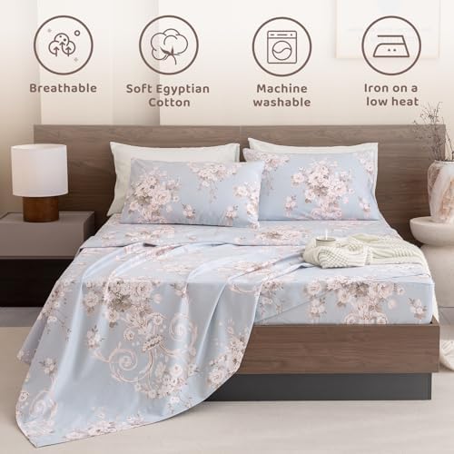 QSH Floral Queen Size Sheet Sets - 100% Egyptian Cotton Sheets Elegant Blue Vintage Paisley Flower Pattern Printed Bedding Sheets Queen Size Bed Breathable 4pcs Deep Pockets Bed Sheets