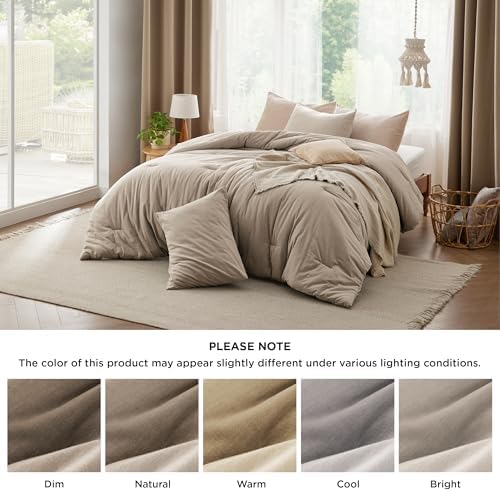 Bedsure PureWoven Cotton Comforter Set Prewashed, Queen, Taupe