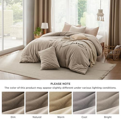 Bedsure PureWoven Cotton Comforter Set Prewashed, Queen, Taupe