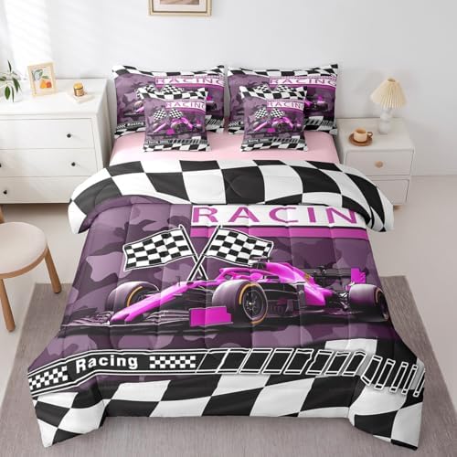Purple Black Race Car 7 Pieces Bedding Set Twin Bed in a Bag,Racing Car Extreme Sports Comforter Set with Comforter,Flat,Fitted Sheet,Pillowcases,Pillow Covers,Kids Military Camouflage Print Bedding