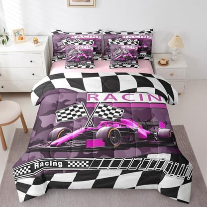 Purple Black Race Car 7 Pieces Bedding Set Twin Bed in a Bag,Racing Car Extreme Sports Comforter Set with Comforter,Flat,Fitted Sheet,Pillowcases,Pillow Covers,Kids Military Camouflage Print Bedding