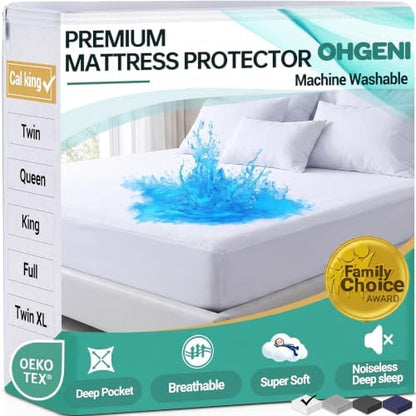 OhGeni Waterproof Mattress Protector, California King Size Mattress Pad Fitted with Deep Pocket 6"-18", Breathable Soft, Washable DirtProof Mattress Cover, White, More Than 99 pcs fibers, Daybed Cover