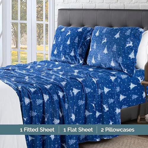 Elegant Comfort Luxuriously Soft 4-Piece Holiday Velvet Plush Flannel Sheet Set - Premium Quality - Cozy Warm, Christmas Fuzzy Velvet Flannel Fleece Deep Pocket Sheet Set - Full, Artic Blue Christmas