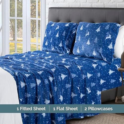 Elegant Comfort Luxuriously Soft 4-Piece Holiday Velvet Plush Flannel Sheet Set - Premium Quality - Cozy Warm, Christmas Fuzzy Velvet Flannel Fleece Deep Pocket Sheet Set - Full, Artic Blue Christmas