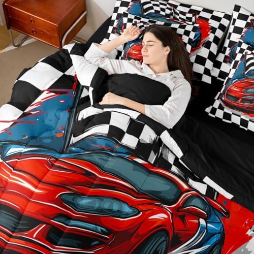 Erosebridal Racing 7 Piece Bedding Set Queen Size Race Car Competition Extreme Sports Bed in A Bag Red Automobile Comforter with Sheets Geometric Grid Cartoon Bed Sets