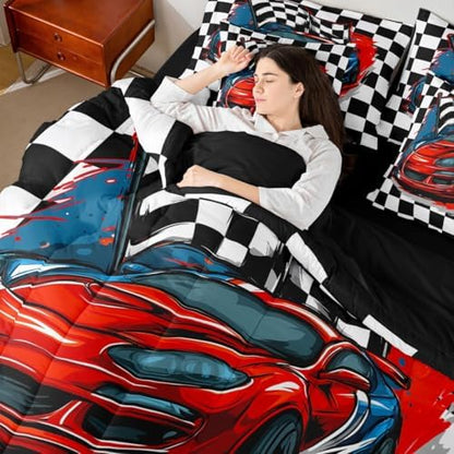 Erosebridal Racing 7 Piece Bedding Set Queen Size Race Car Competition Extreme Sports Bed in A Bag Red Automobile Comforter with Sheets Geometric Grid Cartoon Bed Sets