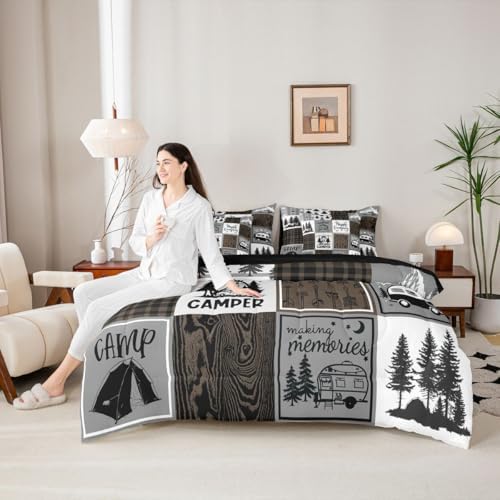 Erosebridal Happy Camping Twin Comforter Set 7 Piece,Rv Camper Bed in A Bag for Boys Adults Men,Camper Decor Bedding for Travel Trailers Bunk,Rustic Farmhouse Buffalo Plaid Bed Set Brown Grey