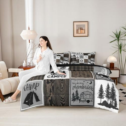Erosebridal Happy Camping Queen Comforter Set 7 Piece,Rv Camper Bed in A Bag for Boys Adults Men,Camper Decor Bedding for Travel Trailers Bunk,Rustic Farmhouse Buffalo Plaid Bed Set Brown Grey