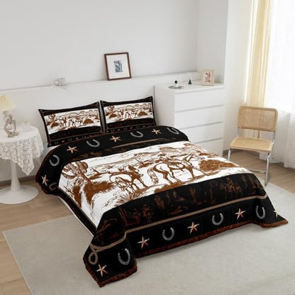 Manfei Western Cowboy Comforter Set Toddler Size, Cowboy Horse Western Bedding Set 2pcs, Wild West Cactus Farmhouse Brown Down Comforter for All Season, Kids Boys Teens Room Decor, 1 Pillowcase