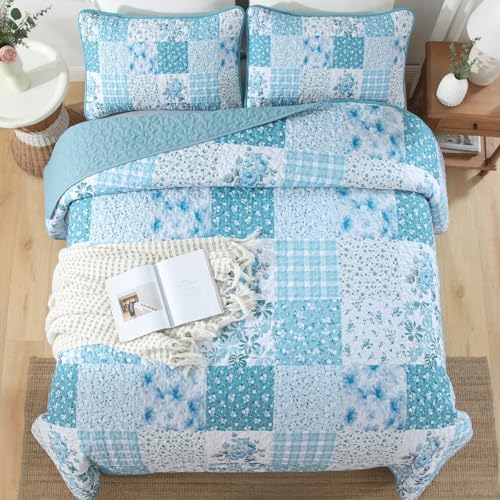 Mybedsoul Blue Patchwork King Size Quilt, Floral Reversible Bedding Set