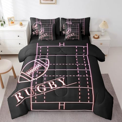 Erosebridal Soccer Bedding Comforter Sets 7pcs for Girls Room Sport Bed in a Bag, Glowing Football Field Full Bedding Sets Sports Gamer Comforter Set, Gradient Neon Pink Bedding Sets & Collections